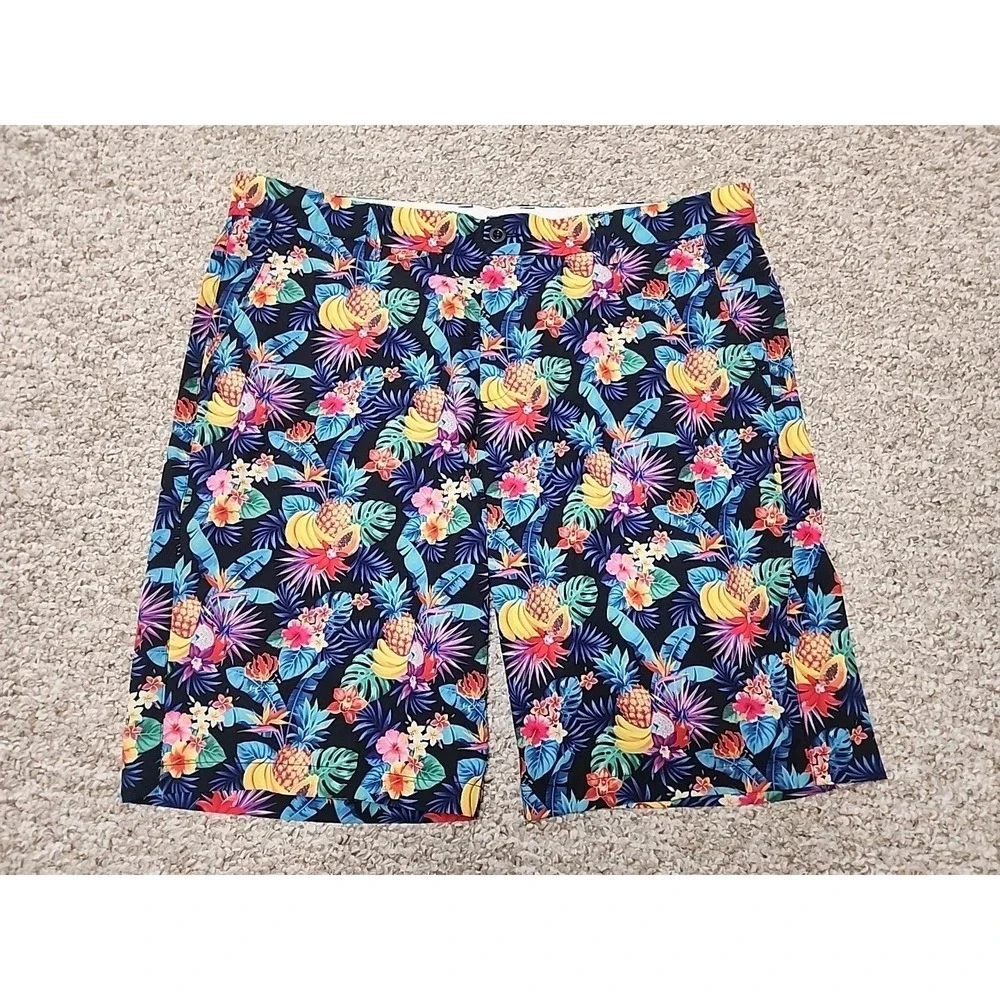 Hreski Shorts Mens 38x10‎ Black Floral Pineapple Golf Chino Abstract Colorful